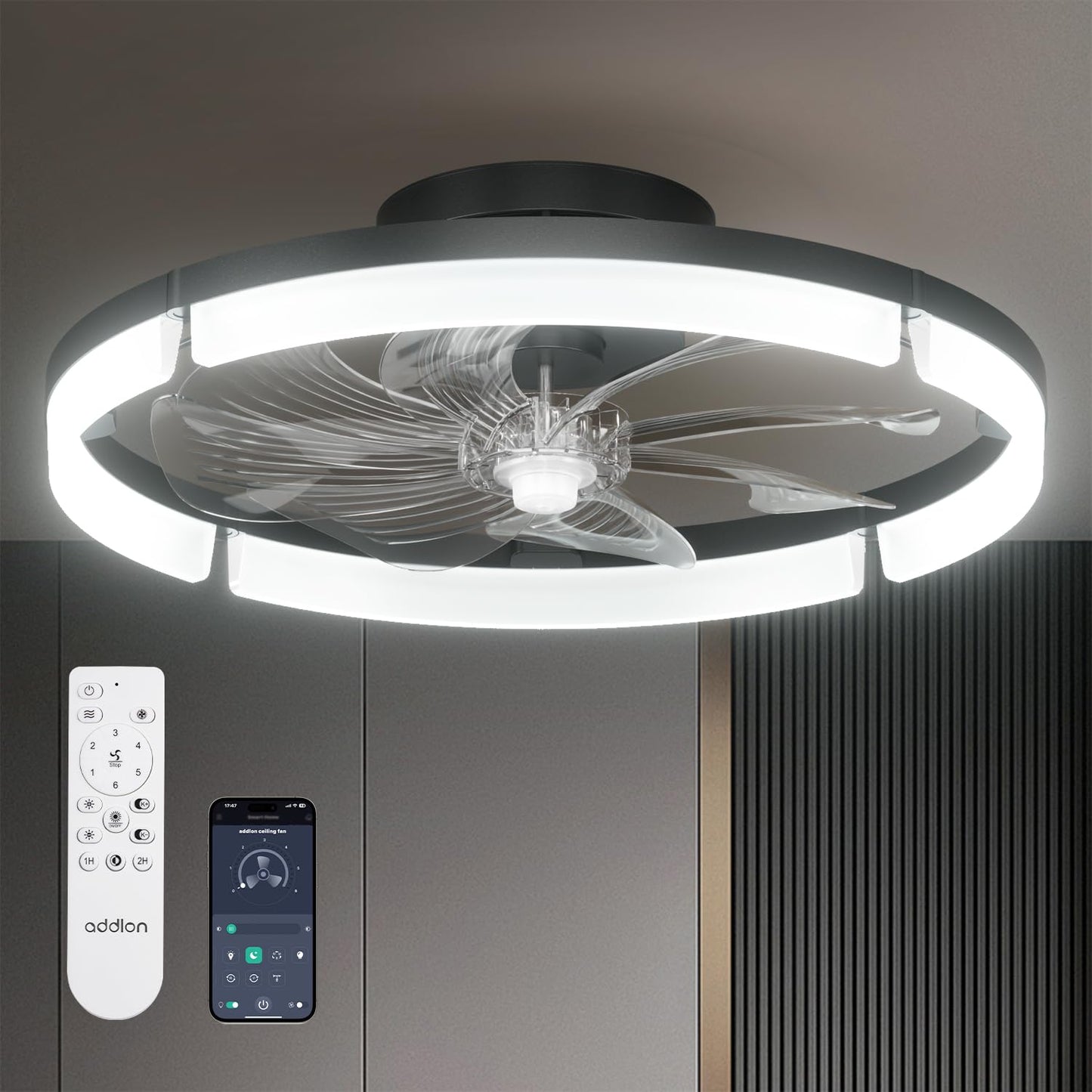 addlon 20" Ceiling Fans with Lights and Remote, Low Profile Fandelier | 3000-6000K Dimmable LED, 6 Speeds, Reversible DC Motor, App Control, Memory Function, Timer, Flush Mount, Quiet Operation