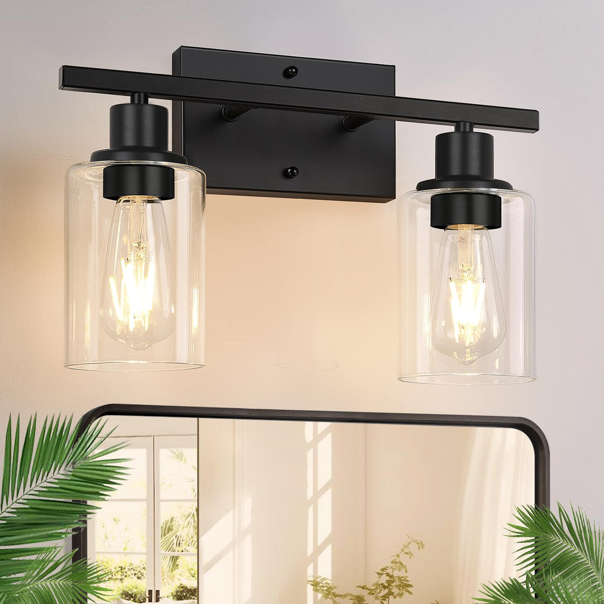Indoi 4-Light Bathroom Light Fixtures, Matte Black Modern Vanity Lights with Clear Glass Shades, Bathroom Wall Lamp for Mirror Living Room Cabinet Bedroom Porch