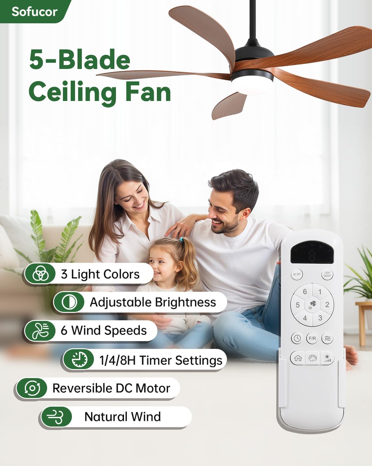 Sofucor 52 Inch Ceiling Fan with Light, 5 ABS Blades Brown | Remote Control Compatible, Reversible Quiet DC Motor, Timer, 6 Speeds, 3-CCT for Living Room Bedroom Patio Farmhouse