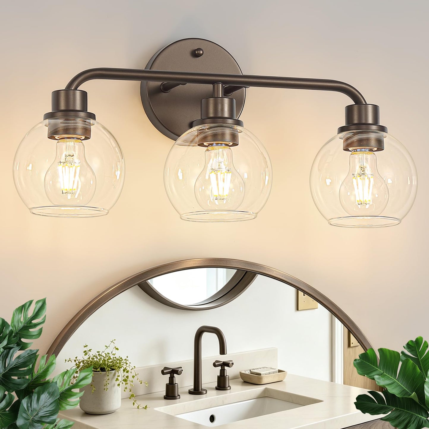 Bathroom Light Fixtures Gold Vanity Light 3 Light Brushed Brass | Wall Sconces Lighting with Clear Globe Glass Shades Bath Wall Lamp for Mirror Kitchen Living Room Bedroom Hallway