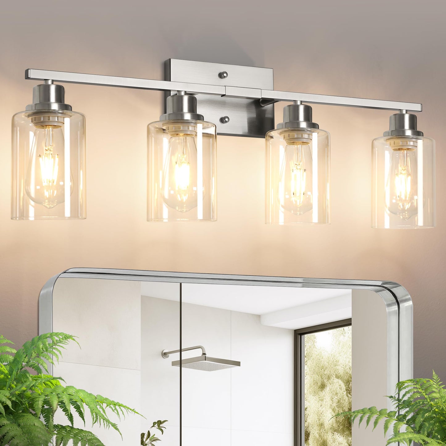 Ascher Bathroom Light Fixtures, 4-Light Vanity Light Over Mirror, Brushed Nickel Wall Sconces with Milky White Frosted Glass Shades, Wall Lamp for Living Room Bedroom, E26 Base(Bulbs Not Included)