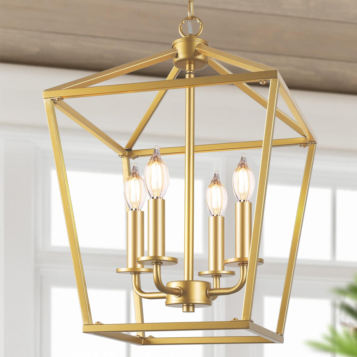 Black Farmhouse Chandelier, 4-Light Foyer Lighting Fixtures for Dining Room | Industrial Kitchen Lantern chandelier Over Table, Pendant Island Ceiling Light for Entryway, Metal Cage Adjustable Height