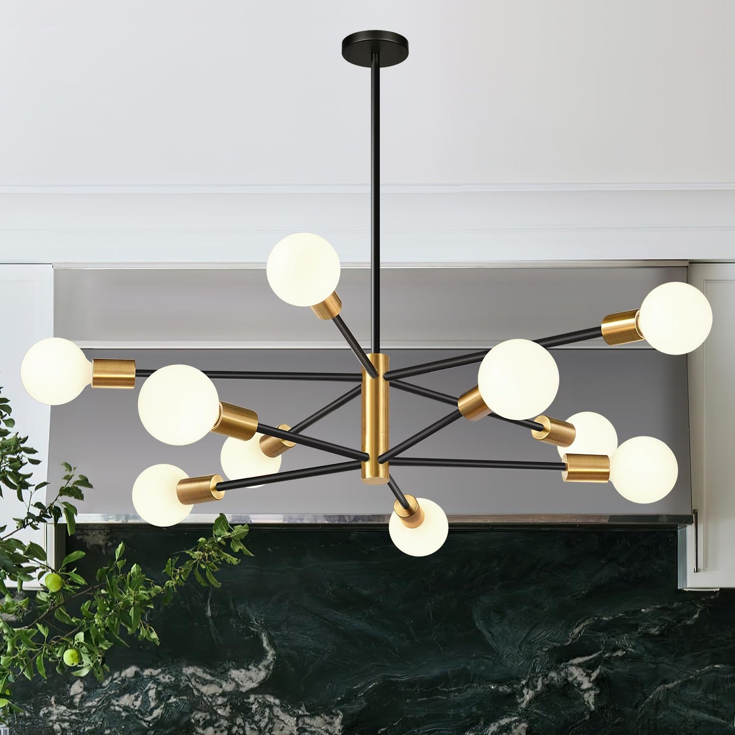 11"-52" Height Adjustable Modern Chandelier Ceiling Light Fixture, 12-Light Sputnik Chandeliers Brushed Gold and Matte Black Mid Century Chandelier Over Table, Chandeliers for Dining Room Living Room