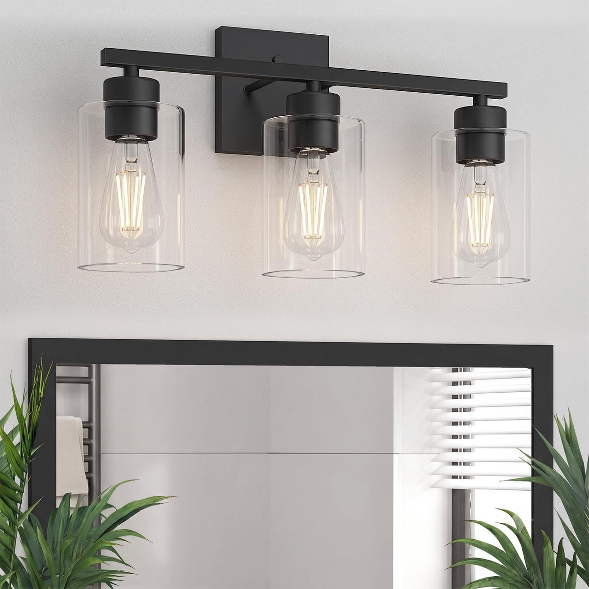 Matte Black Bathroom Vanity Light, 3-Light Vanity Lighting fixtures Over Mirror, Square Design & UL Certification, Wall Sconces with Clear Glass Shades, E26 Socket (Bulbs Not Included)