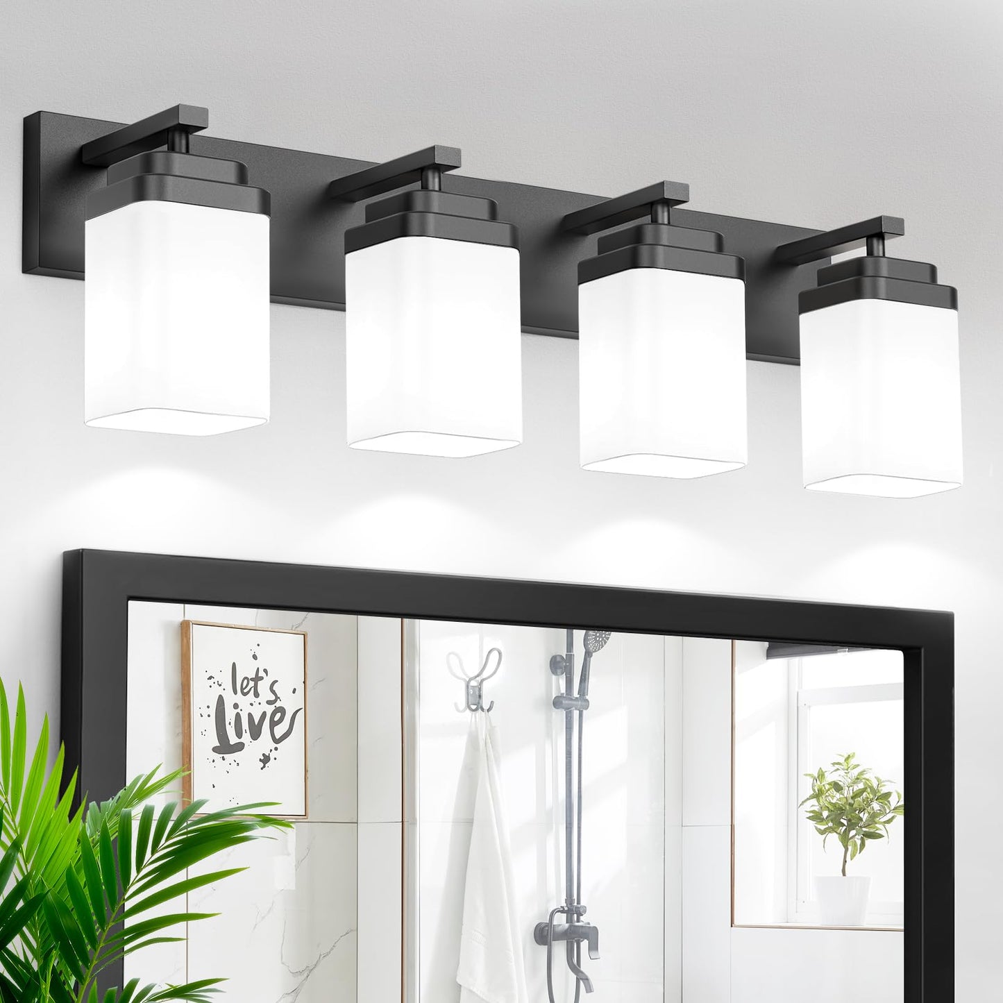 Black Bathroom Light Fixtures, 3 Lights Bathroom Lighting Fixtures Over Mirror, Square Design & Rectangle Large Backplate, Modern Vanity Lighting Fixtures, for Bathroom/Living Room/Bedroom