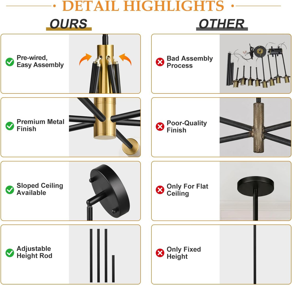 11"-52" Height Adjustable Modern Chandelier Ceiling Light Fixture, 12-Light Sputnik Chandeliers Brushed Gold and Matte Black Mid Century Chandelier Over Table, Chandeliers for Dining Room Living Room