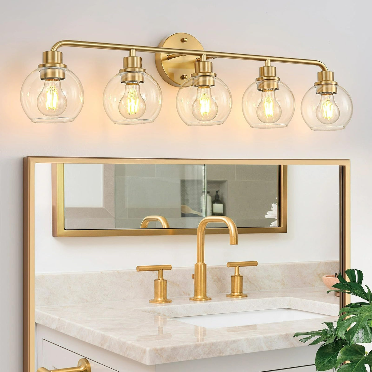 Bathroom Light Fixtures Gold Vanity Light 3 Light Brushed Brass | Wall Sconces Lighting with Clear Globe Glass Shades Bath Wall Lamp for Mirror Kitchen Living Room Bedroom Hallway