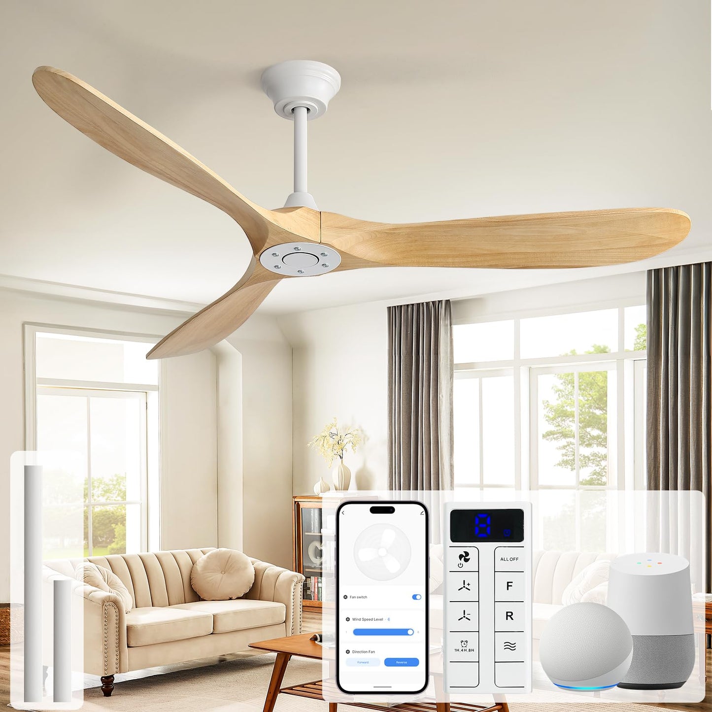 Sofucor 52 Inch Wood Ceiling Fans with Lights and Remote, Indoor/Outdoor | Modern, 3 Blade, Quiet Reversible DC Motor, 3CCT Dimmable, 6 Speeds, Timer, Bedroom/Living Room/Patio/Kitchen, Natural Wood