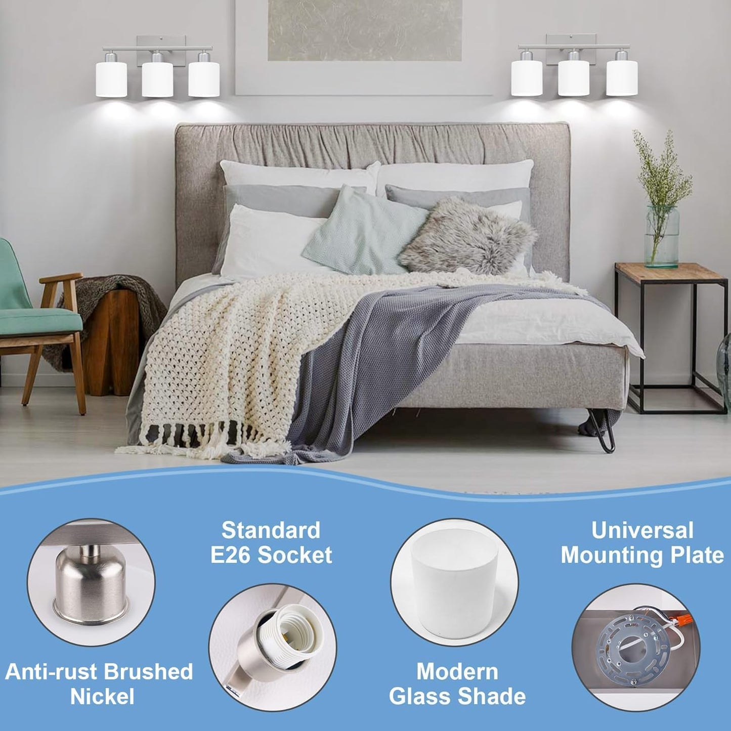 18 Inches Bathroom Light Fixtures Over Mirror Brushed Nickel | Anti-Rust 3-Light Vanity Lights Over Mirror, E26 Standard Socket, Milky White Glass Shades, Bulbs Not Included