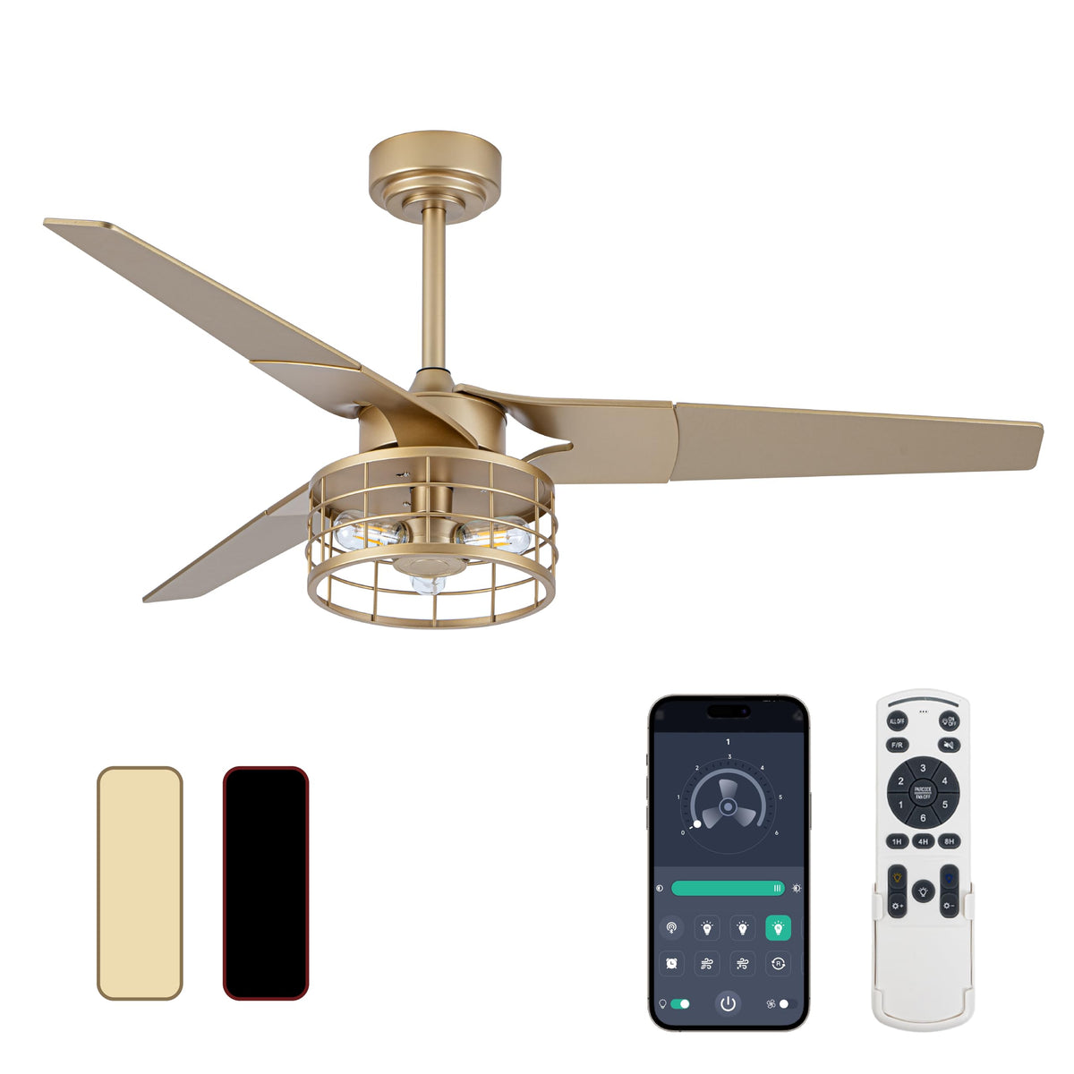 Gold Ceiling Fan with Lights and Remote, 52 In | 3 Blade Style, App Remote Control, Timer, Reversible, 3CCT, 6 Speed, 2 Color Blade for Indoor, Bedroom, Living Room