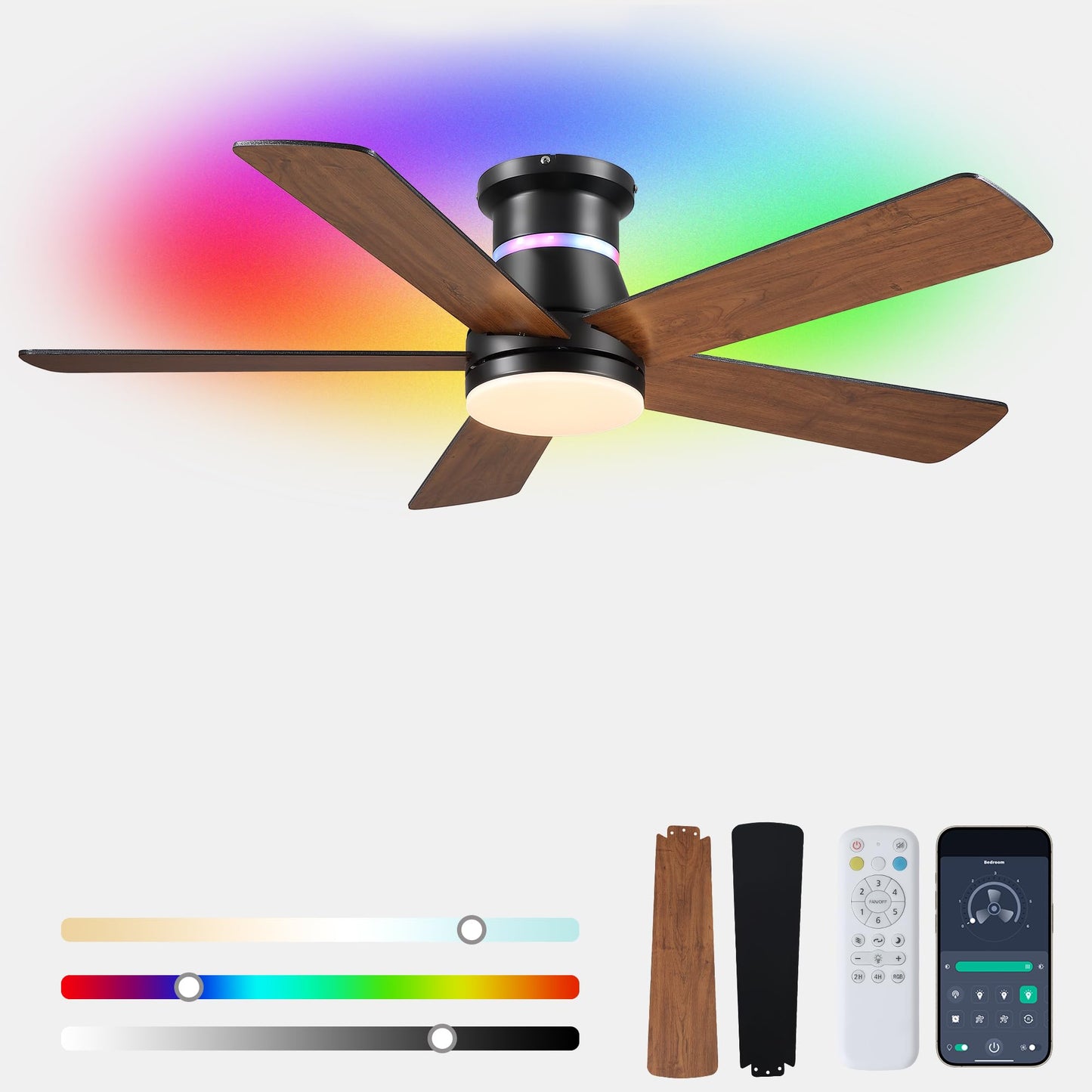 Ayaoty Ceiling Fans with Lights - 52in Flush Mount Ceiling Fan with RGB Dimmable, 3CCT 6 Wind Speeds and Reversible Quiet Motor, Low Profile RGB Fan Light for Modern Indoor, Party - Black