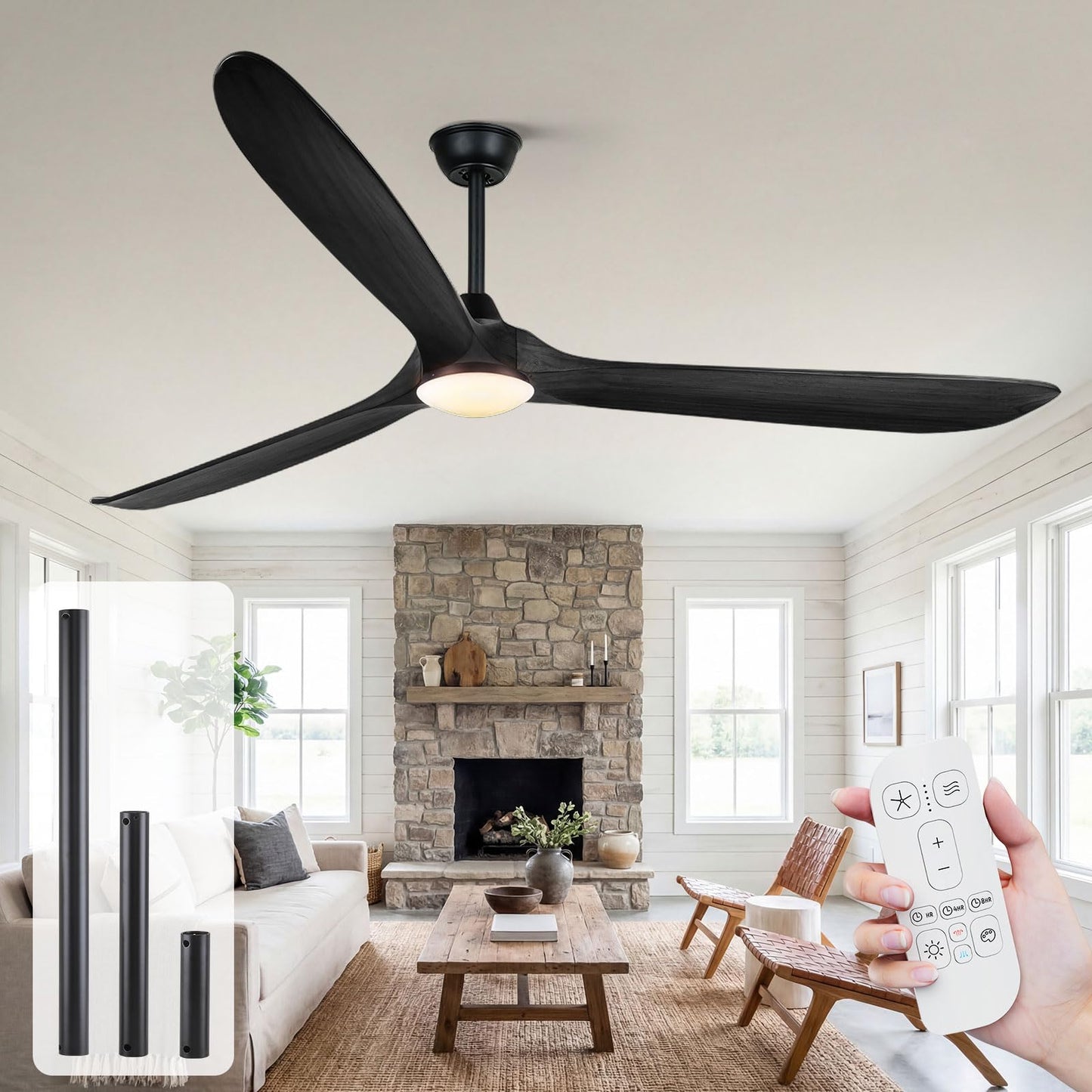 60 inch Outdoor Ceiling Fan for Patios with Light, Farmhouse style | 3 Blades Wood Ceiling Fan, Damp Rated Large Airflow Commercial Ceiling Fans for Exterior House Porch Gazebo