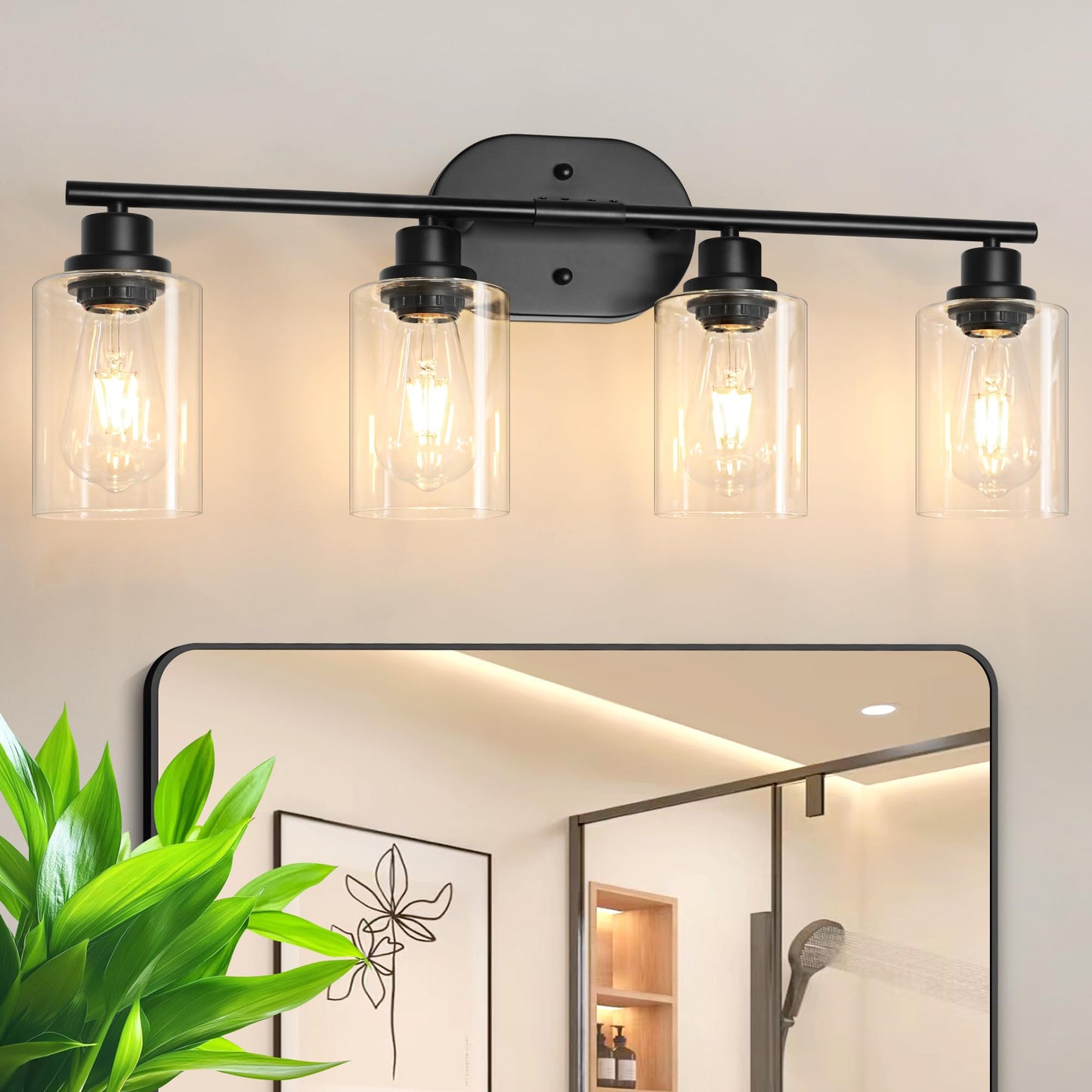 Modern Bathroom Light Fixtures, 3 Light Vanity Lights, Black Wall Lamp with Clear Glass for Bathroom, Mirror, Living Room, Bedroom, Hallway, E26 Base