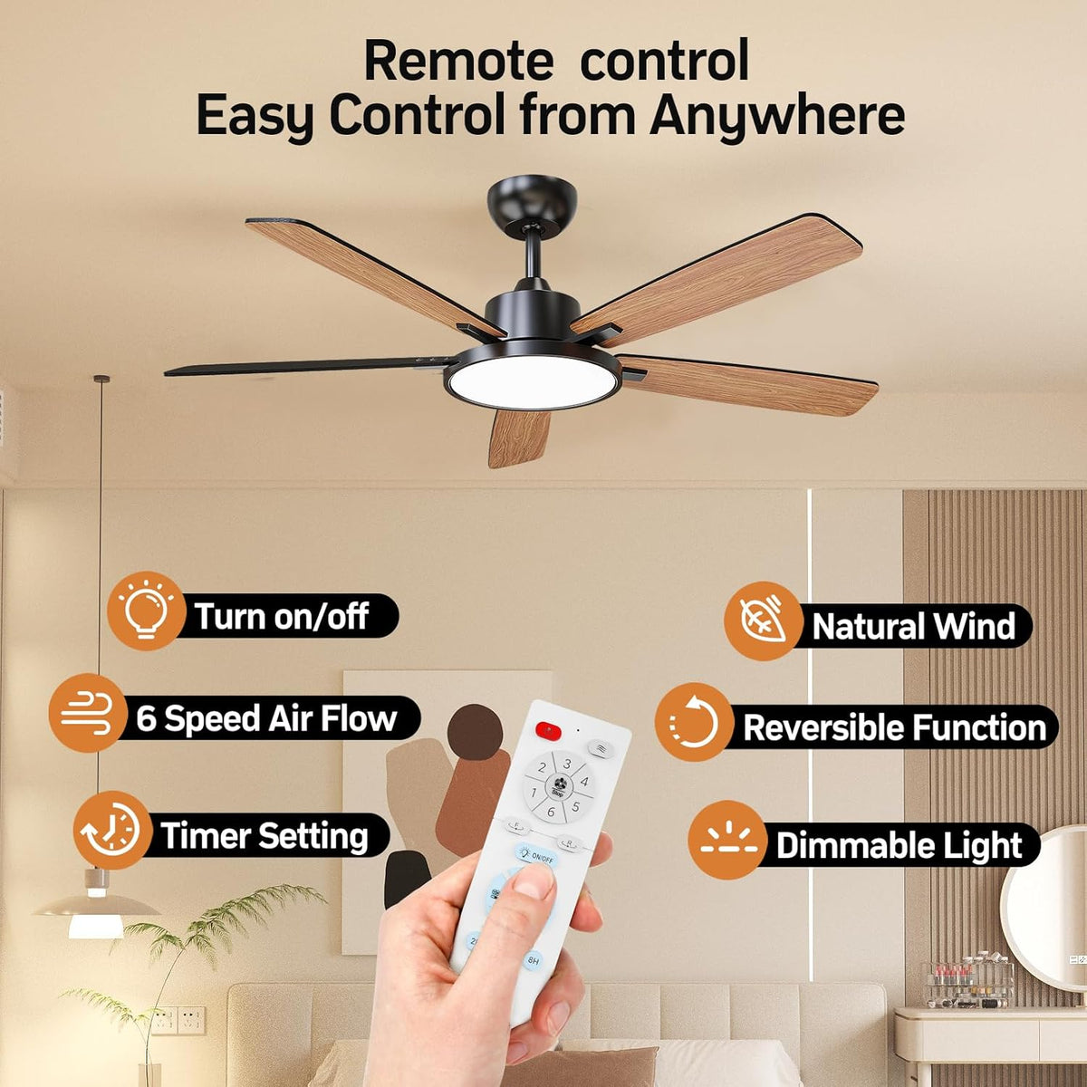 TALOYA 52 Inch Black Ceiling Fans with Lights Led Remote Control Flush Mount Low Profile for Bedroom Living Dining Room Outdoor Farmhouse Patio,Reversible,DC Motor,Diammable,Buzzer ON/Off,5 Blades