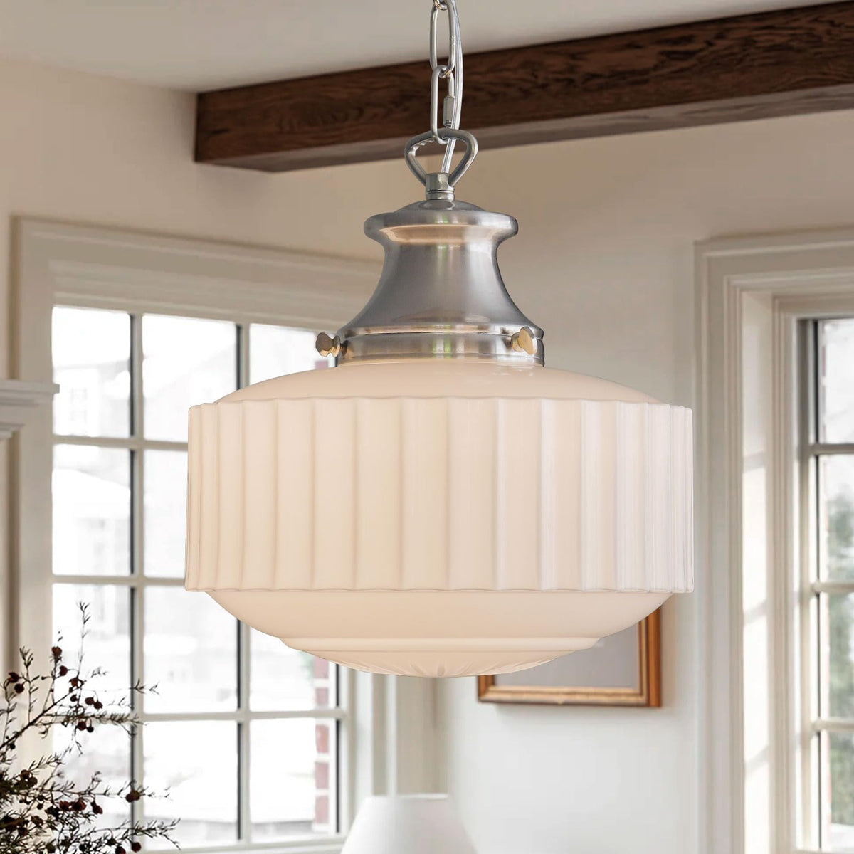 Vintage Brass Milk Glass Pendant Light Fixture, 13.8" White Pleated Glass Chandelier, Antique Pendant Lights, for Kitchen Island Lighting, Hallway, Bedroom, Dining Room, Foyer, E26 Bulb Included