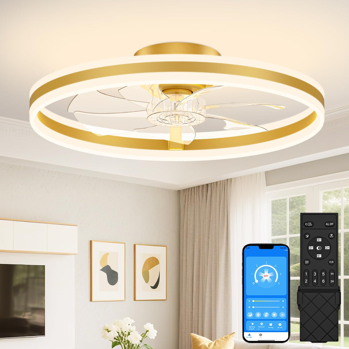 VOLISUN Low Profile Ceiling Fans with Lights and Remote, 27.6in Flush Mount Ceiling Fans with Light, 3000K-6500K Dimmable Fandelier LED Fan Light, Black Bladeless Ceiling Fans with Lights for Bedroom