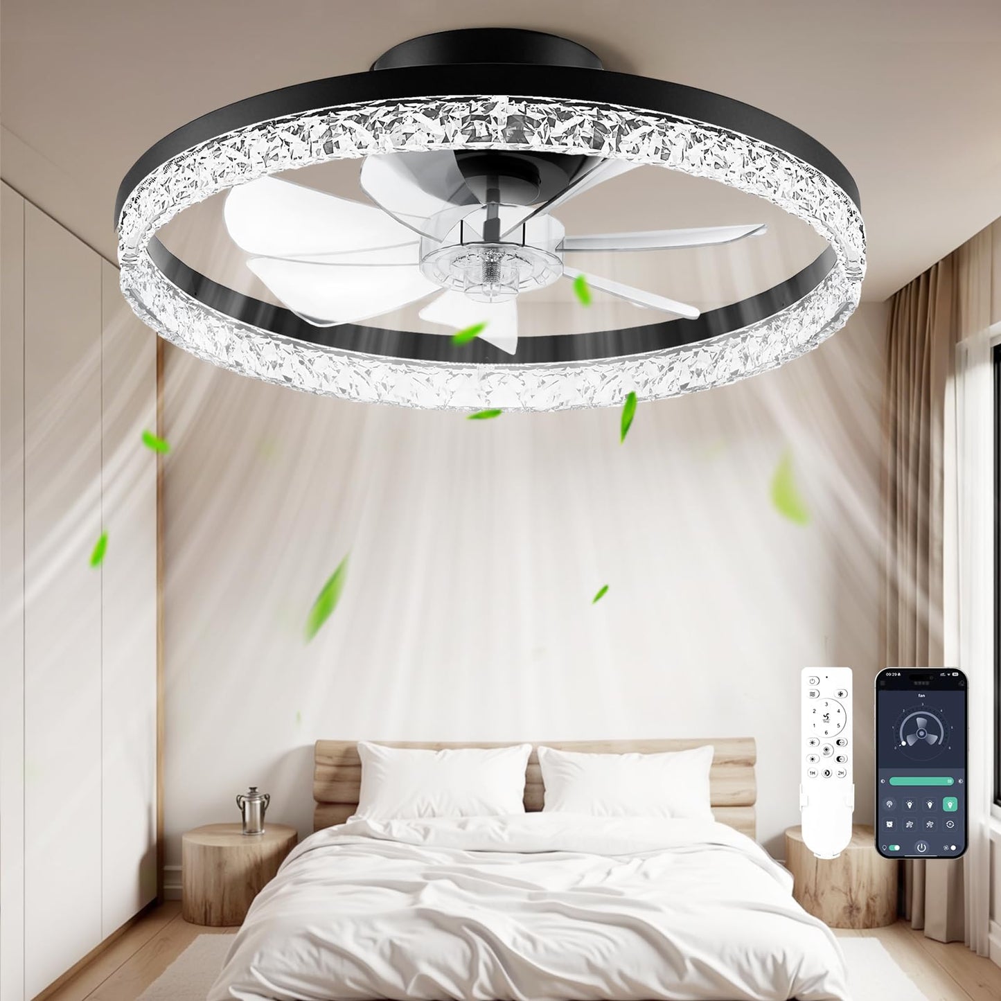 CHAREADA Ceiling Fan with Light, 20" Low Profile Foldable Ceiling Fans | with 6 Wind Speeds, Dimmable Smart Ceiling Fan Light with Remote for Bedroom, Kids Room and Living Room