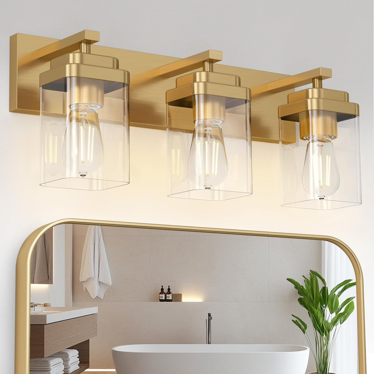 Black Bathroom Light Fixtures, 3 Lights Bathroom Lighting Fixtures Over Mirror, Square Design & Rectangle Large Backplate, Modern Vanity Lighting Fixtures, for Bathroom/Living Room/Bedroom