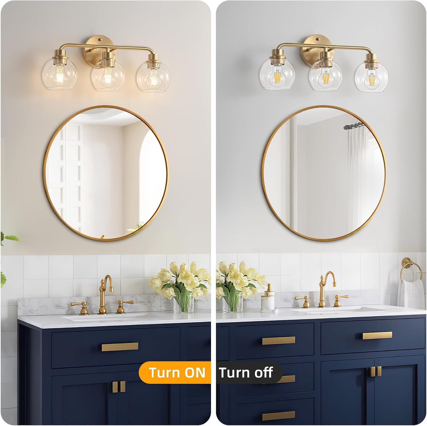Bathroom Light Fixtures Gold Vanity Light 3 Light Brushed Brass | Wall Sconces Lighting with Clear Globe Glass Shades Bath Wall Lamp for Mirror Kitchen Living Room Bedroom Hallway