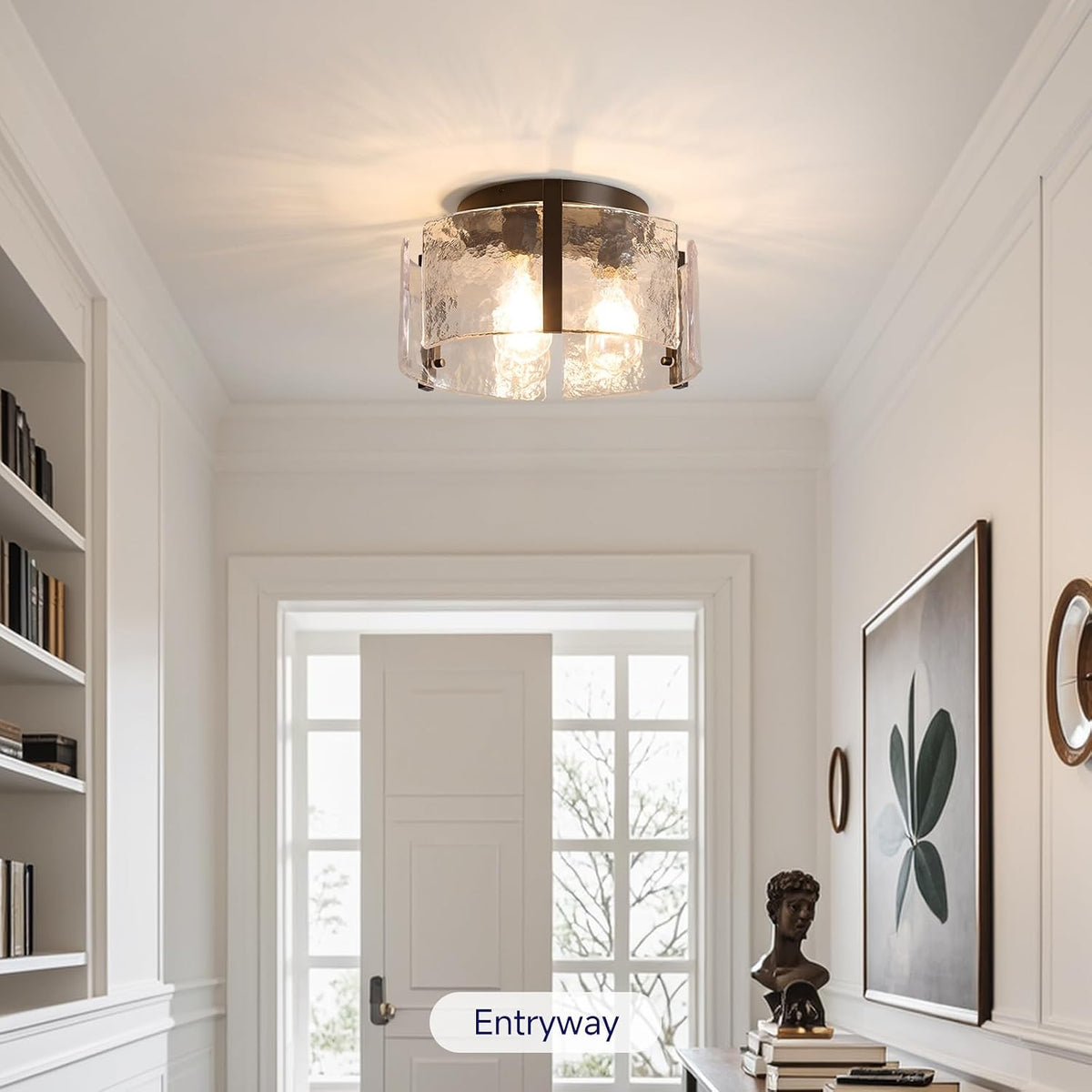Black Semi Flush Mount Ceiling Light, 14" Farmhouse Hallway Light Fixtures | Vintage Drum Glass Entryway Lighting, Mid Century Modern Lights for Kitchen Dining Room Foyer Bedroom Laundry Room Bathroom