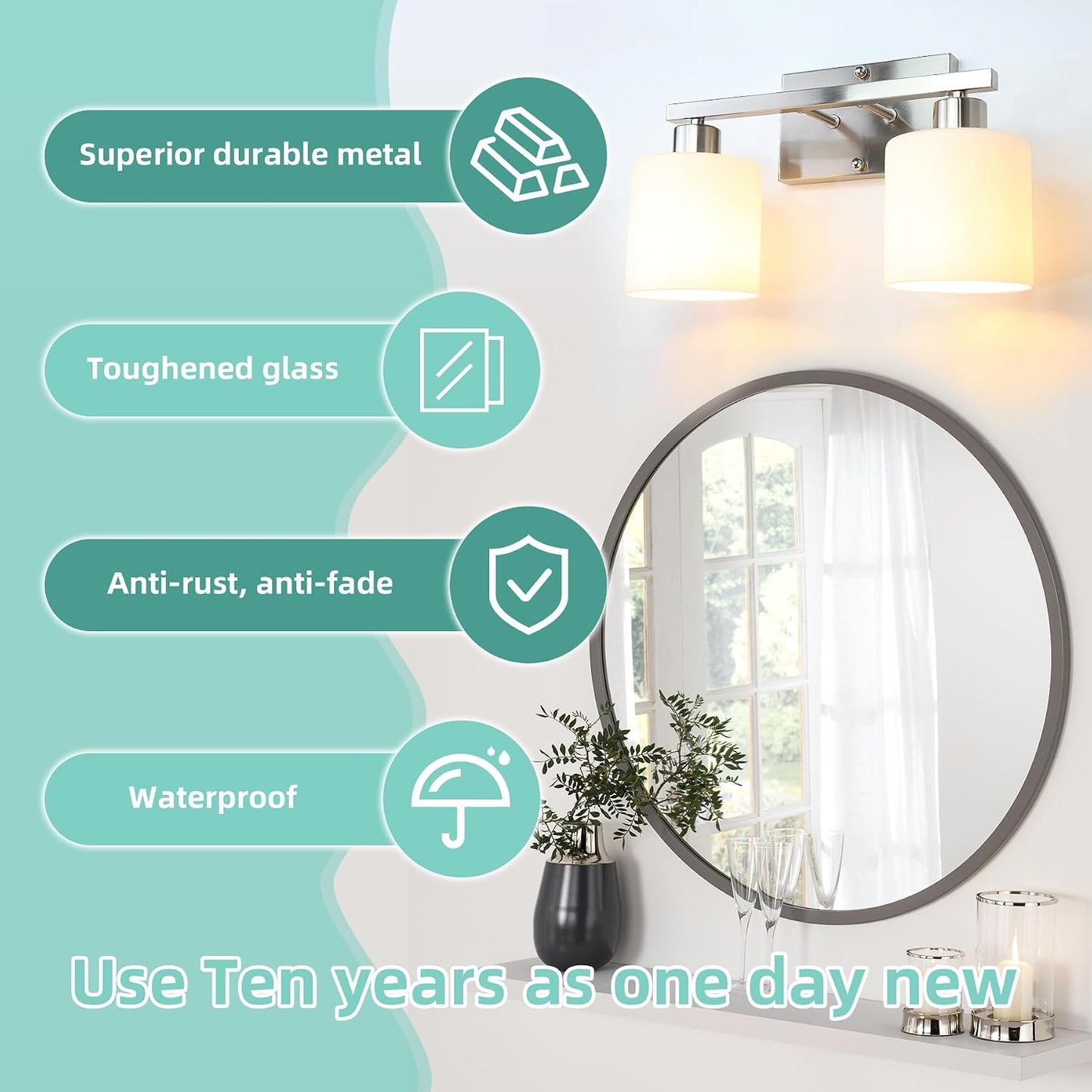 SILAMPDI 2-Light Bathroom Vanity Light Fixtures Over Mirror Brushed Nickel | Modern Milky White Frosted Glass Shades, Anti-Rust Finished, Wall Sconce for Bedroom Restroom, E26 Socket, Easy Installation