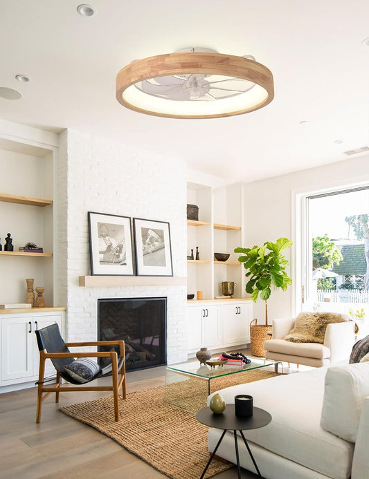 20" Modern Low Profile Flush Mount Wood Ceiling Fan with Light | Remote/APP, timer, memory, reversible, dimmable LED, 6 speeds; for bedroom, living room.