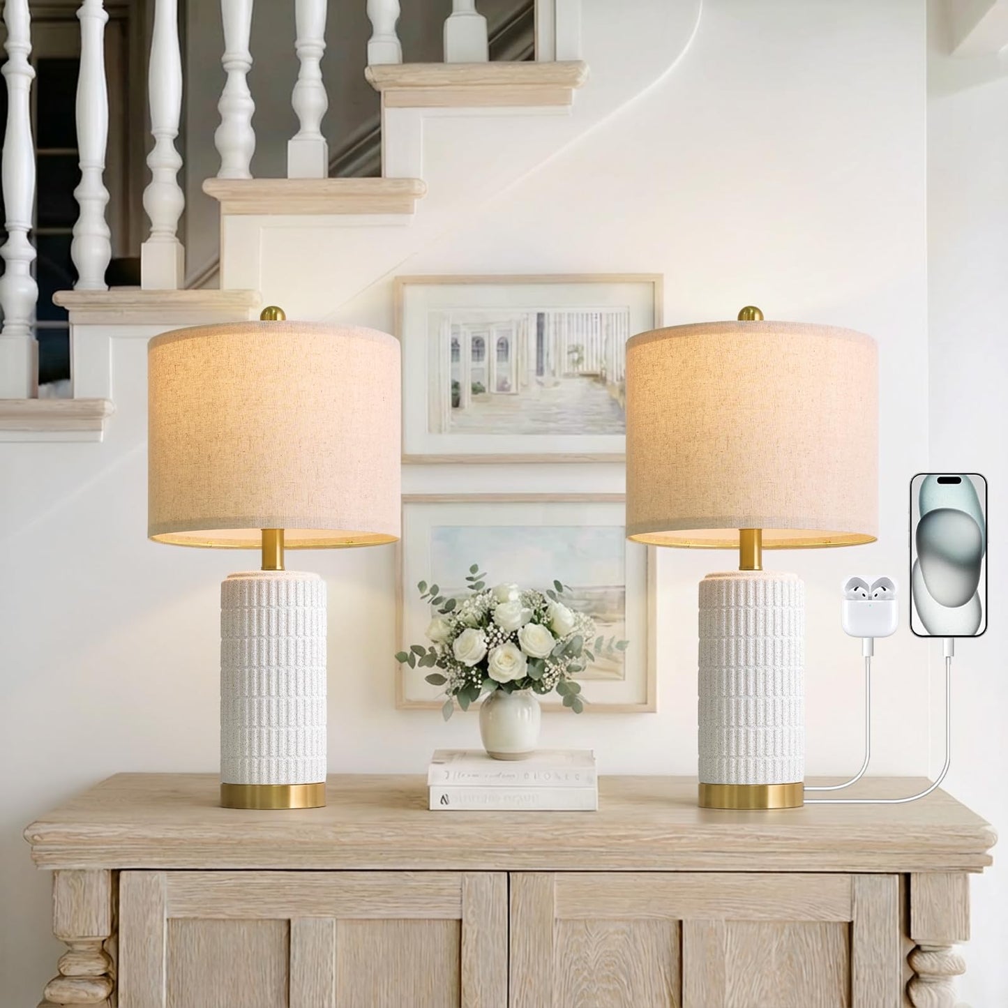 PoKat 20.75" Small Modern Ceramic Table Lamps Set of 2 for Bedroom, White | Bedside lamps for nightstands, farmhouse home decor, end table & desk light, ideal housewarming new home gift for women mom