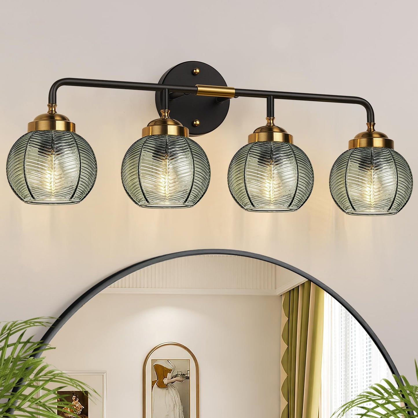 MOKATNG Bathroom Light Fixtures, 3-Light Green Vanity Lights with Unique Leaf Texture Glass Shade, Modern Matte Black and Gold Bathroom Wall Lamp for Mirror Hallway Cabinet Living Room