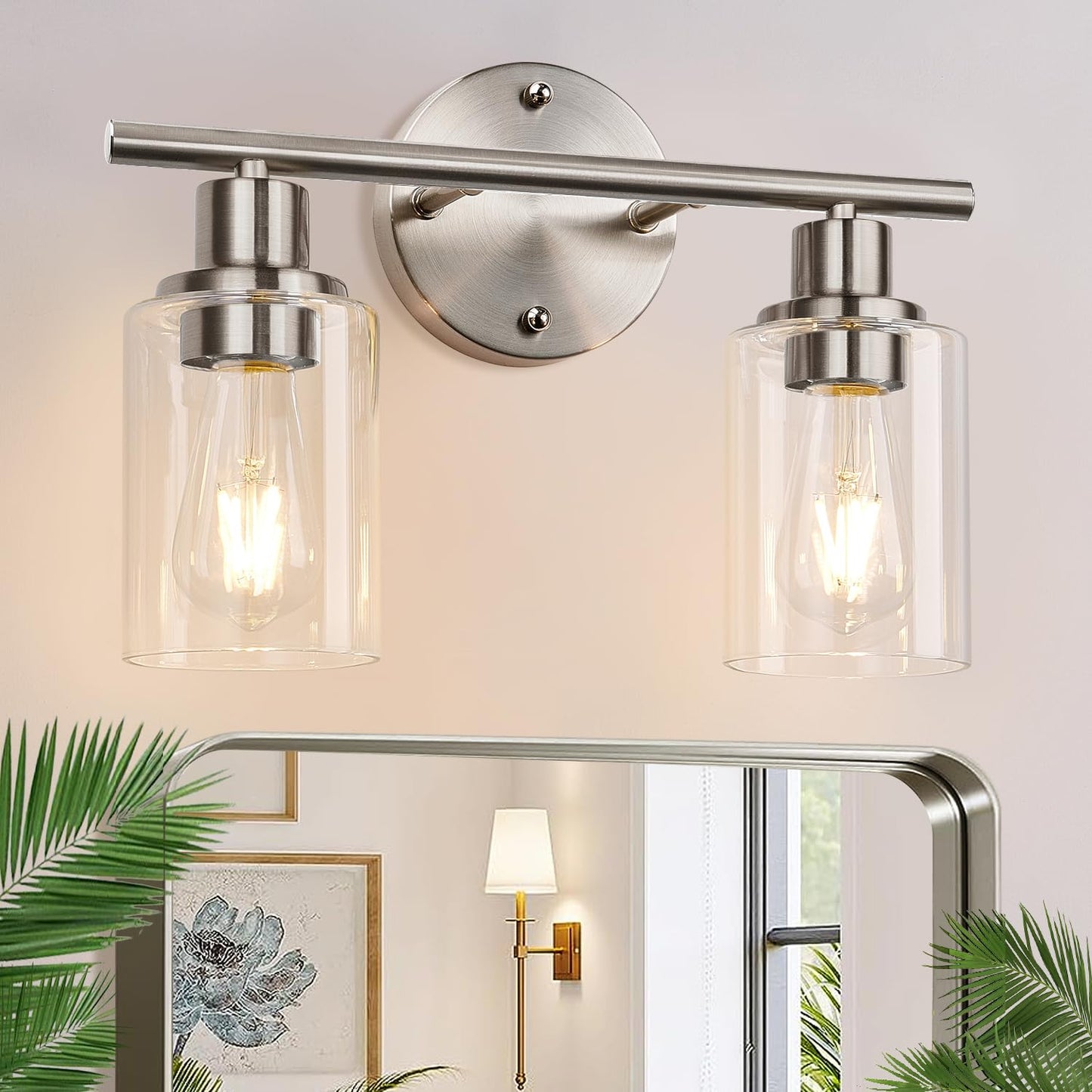 Zarbitta 3-Light Bathroom Light Fixtures, Brushed Nickel Vanity Light, Farmhouse Wall Lights with Clear Glass Shade, Bathroom Wall Lamp for Mirror Kitchen Bedroom Hallway Living Room Hallway Cabinet