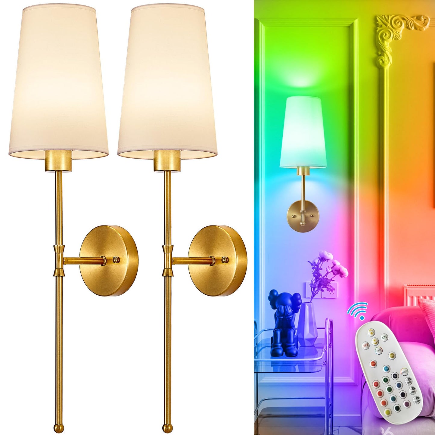 Depuley Battery Operated Wall Sconce: Set of 2 Wireless Wall Lights with 10000mAh Dimmable Bulbs and Remote for Bedroom - Rechargeable 15 Colors Gold Wall Lamp for Living Room Hallway