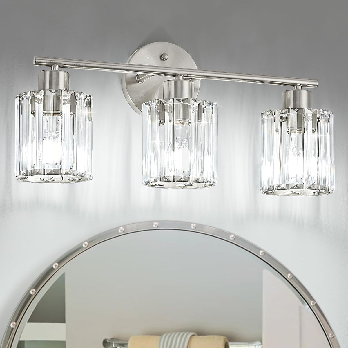 Modern Brushed Nickel Crystal Bathroom Light Fixtures,3-Light | Bathroom Lighting Fixtures over Mirror,Vanity Lights for Mirror, Restroom(Ceramic E26 Socket,Bulbs Not Include)