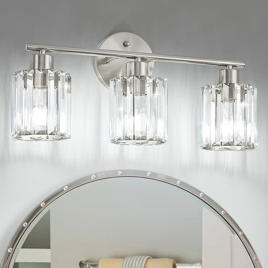 Modern Brushed Nickel Crystal Bathroom Light Fixtures,3-Light | Bathroom Lighting Fixtures over Mirror,Vanity Lights for Mirror, Restroom(Ceramic E26 Socket,Bulbs Not Include)