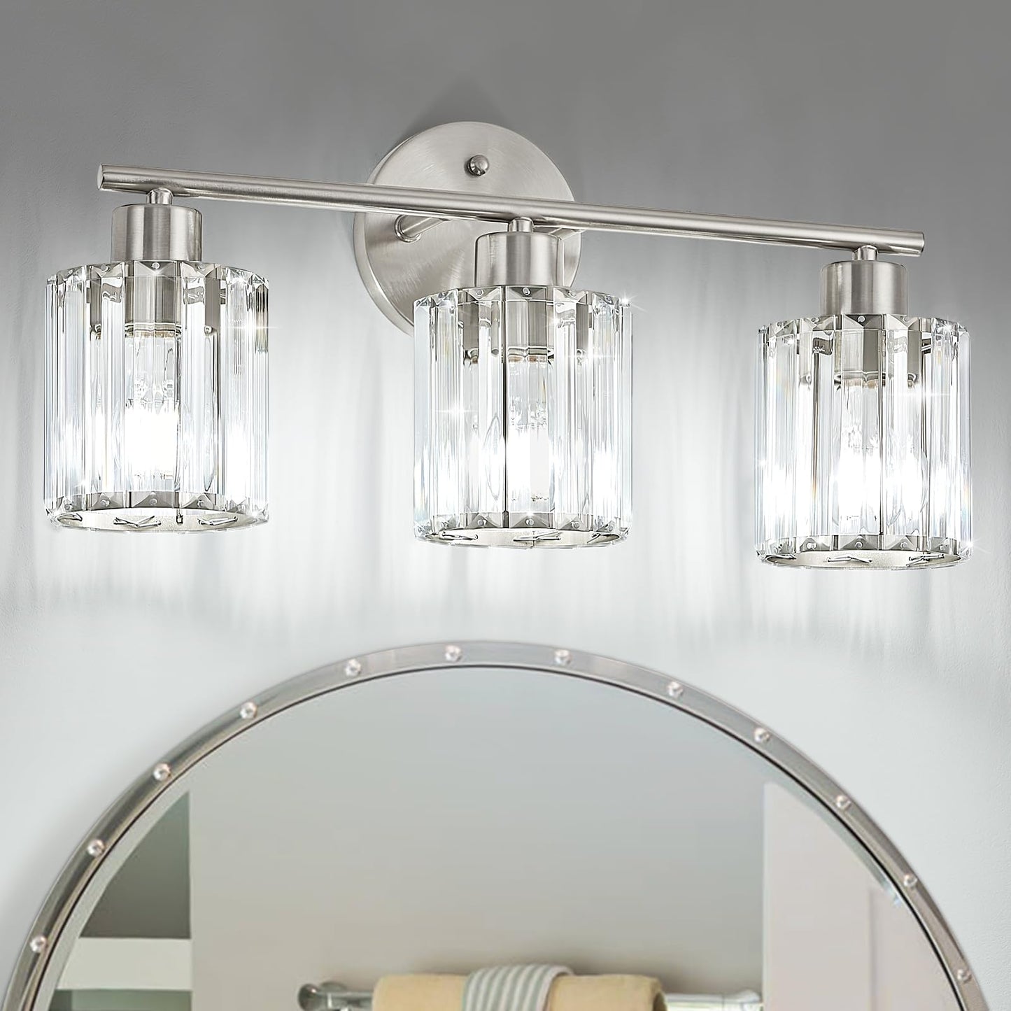 Modern Brushed Nickel Crystal Bathroom Light Fixtures,3-Light | Bathroom Lighting Fixtures over Mirror,Vanity Lights for Mirror, Restroom(Ceramic E26 Socket,Bulbs Not Include)