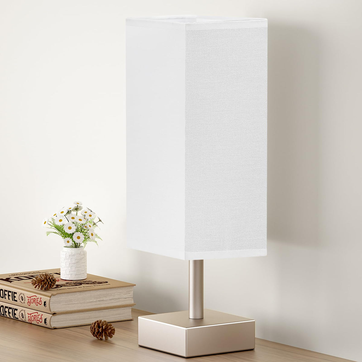 aooshine Small Bedside Table Lamp for Bedroom - Square Cream Fabric Shade | Inline Rocker Switch, Corded Electric, Bulb Not Included, 12.8" Mini Table Lamp for Nightstand, Desk, Dorm, Office
