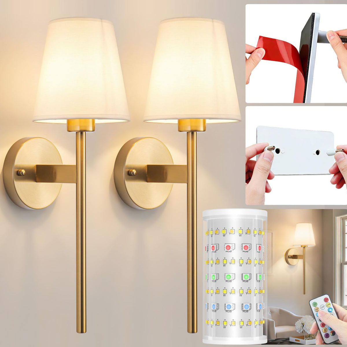Nekhung Battery Operated Wall Sconce, Peel and Stick Sconces Set of 2 | Wireless Adhesive Stick On Wall Sconce, 10000mAh Rechargeable RGB Bulb with Remote, No Drill Wall Light for Bedroom Decor