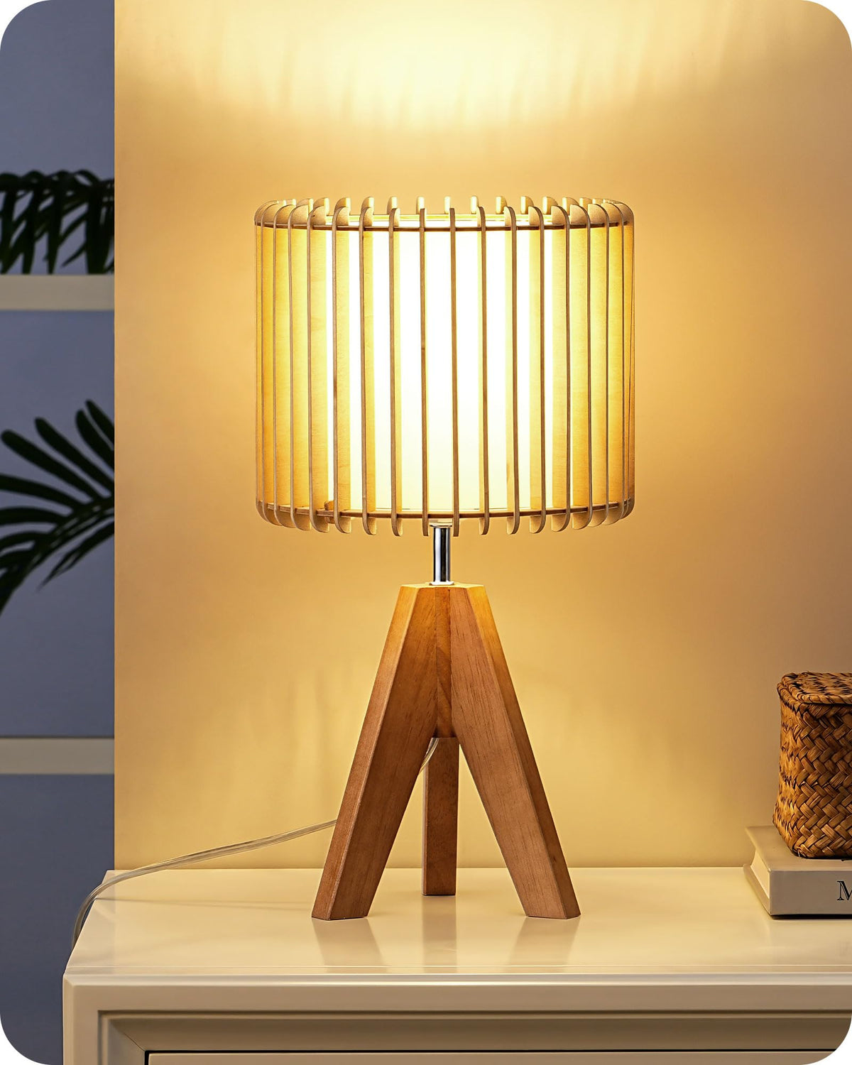 EDISHINE Tripod Table Lamp, Small Cute Bedside Lamp, 14.2 Inch, E26 Base | Light Brown Wooden Base, Linen Beige Lampshade, Nightstand Lamp for Nursery, Bedroom, Kid Room, Living Room