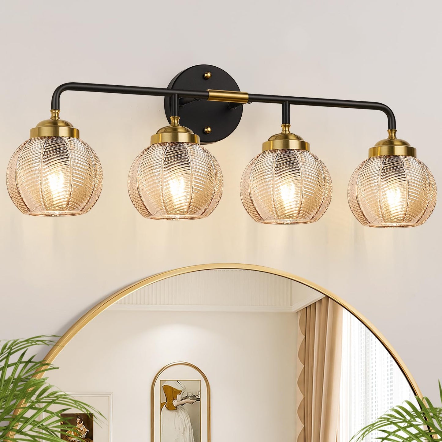 MOKATNG Bathroom Light Fixtures, 3-Light Green Vanity Lights with Unique Leaf Texture Glass Shade, Modern Matte Black and Gold Bathroom Wall Lamp for Mirror Hallway Cabinet Living Room
