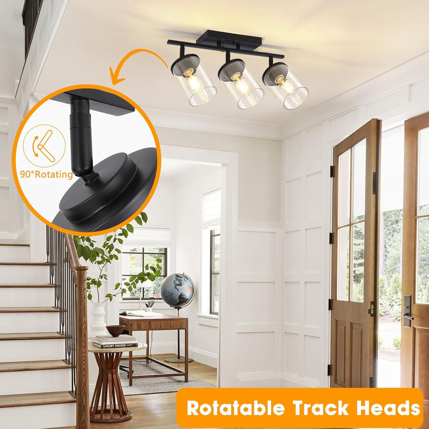 FadimiKoo 3-Lights Semi Flush Mount Ceiling Light, Adjustable Kitchen Light Fixtures Ceiling Mount with Clear Glass Shades, Rotatable Black Track Lighting Fixtures for Hallway, Foyer, Bedroom