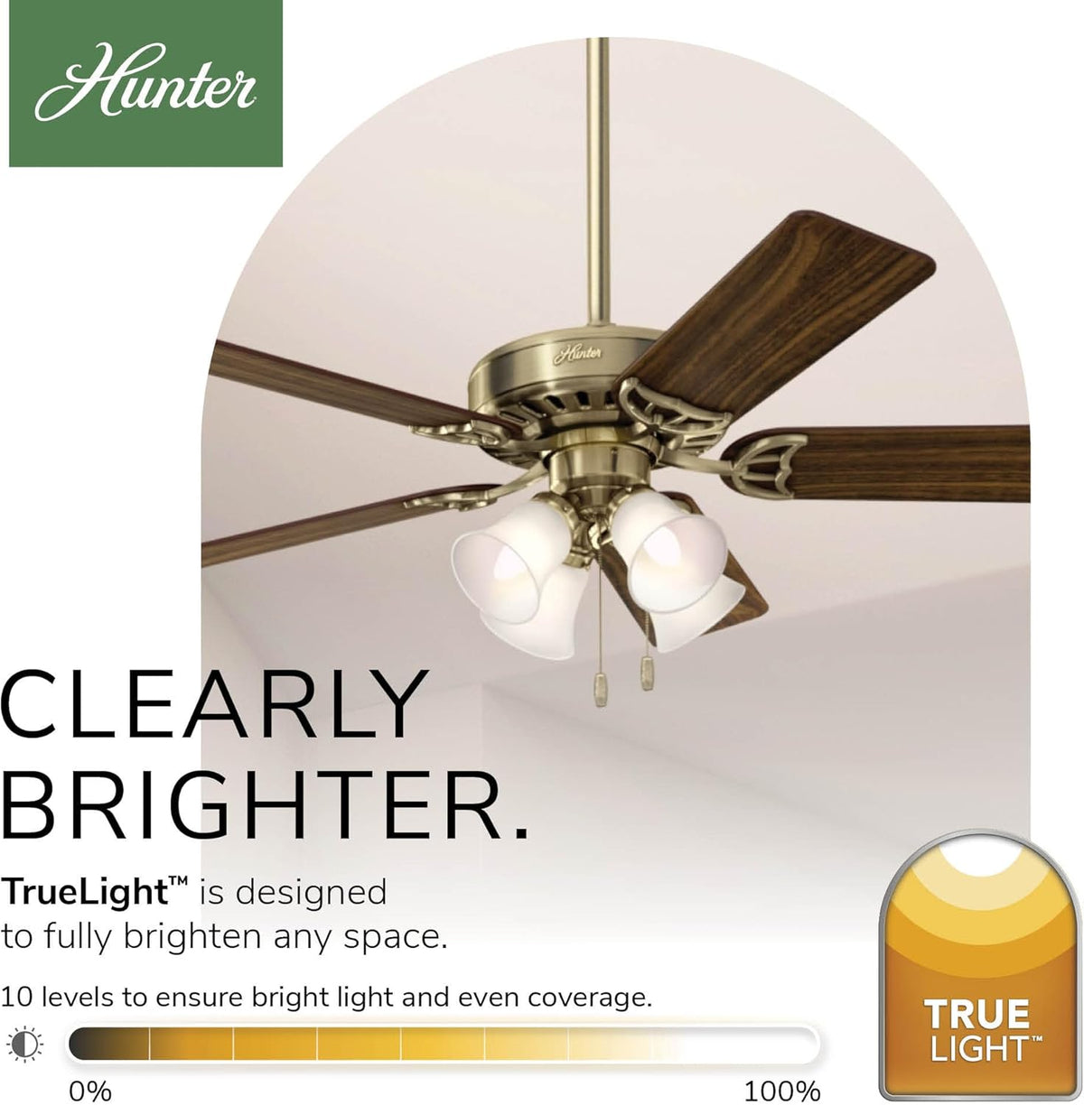 Hunter Studio Series, Indoor, Ceiling Fan, Quiet, 52 inch, Antique Brass | with LED Lights and Pull Chain, Standard Mount, 5 Blades, For Bedroom, Living Room, Kitchen, 53063