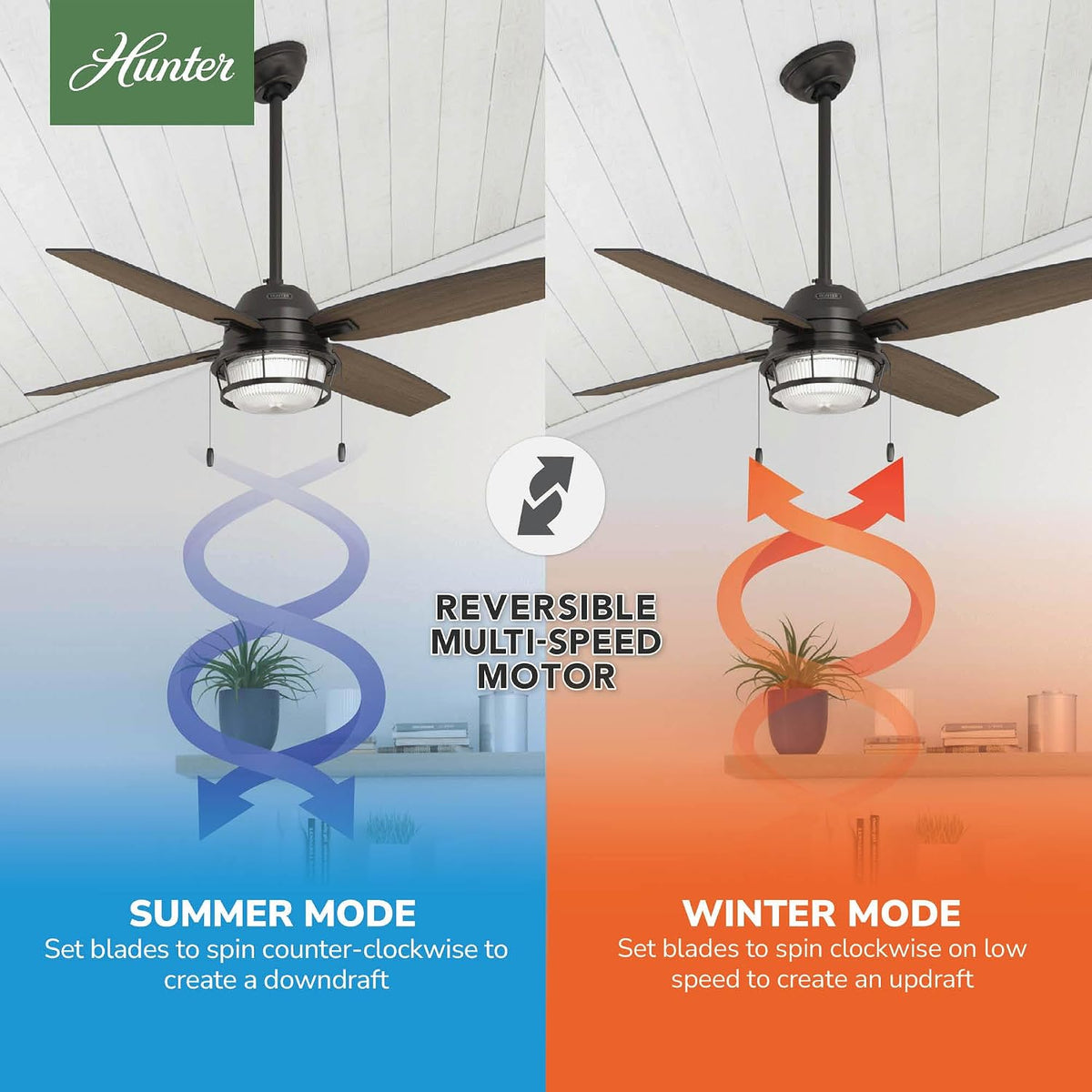 Hunter Ocala, Outdoor or Indoor, Ceiling Fan, Rustic, 52 inch, Noble Bronze | with LED Light and Pull Chain, Standard Mount, 4 Blades, For Living Room, Patio, Porch, Garage, 59214