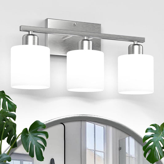 18 Inches Bathroom Light Fixtures Over Mirror Brushed Nickel | Anti-Rust 3-Light Vanity Lights Over Mirror, E26 Standard Socket, Milky White Glass Shades, Bulbs Not Included