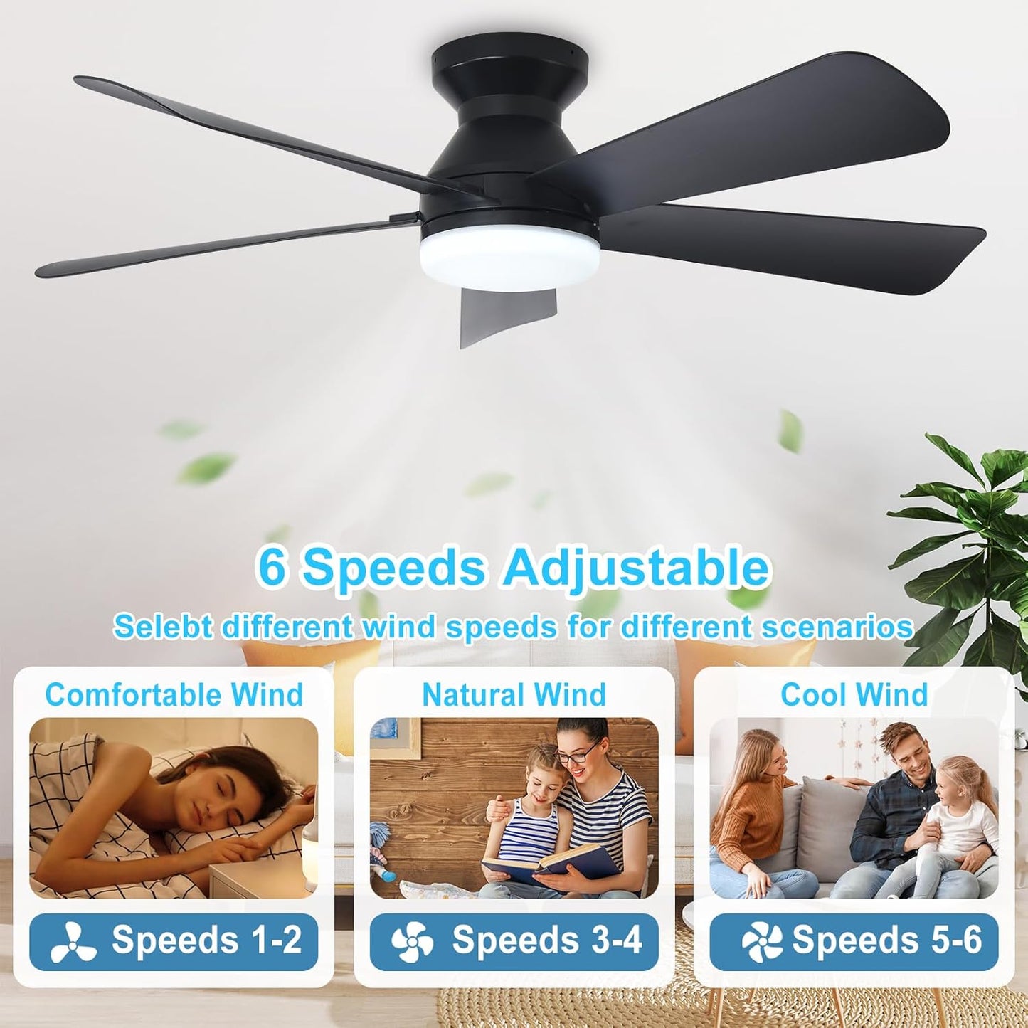 Depuley Modern Ceiling Fan with Light: 42-Inch Black Small Fans for Bedroom Indoor Outdoor - Dimmable Low Profile Ceiling Fans with Remote Control Flush Mount 5 Reversible Black Blades 6 Speeds Timer