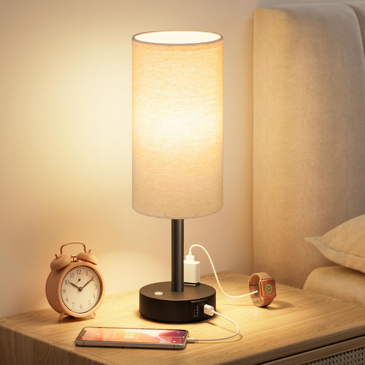 Touch Bedside Table Lamp for Bedroom, Stepless Dimmable, USB A+C, AC Outlet | Base Touch Button Only, Memory Brightness, Ultra-dim Night Light, Included Bulb for Optimal Dimming, Wood Grain Base, Nursery