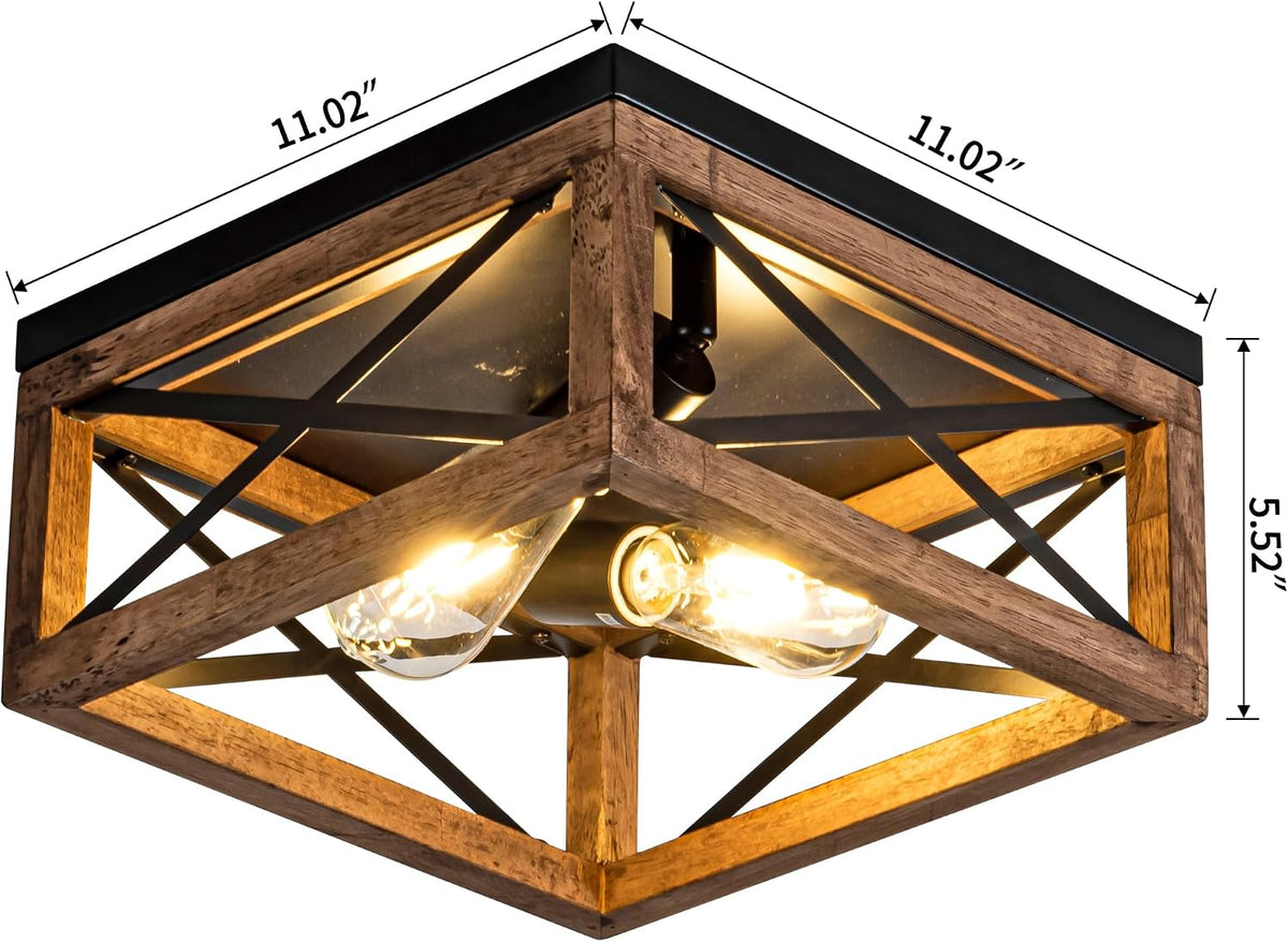 Rpzloila Flush Mount Ceiling Light Fixture for Kitchen Hallway, 2-Light Close to Ceiling Light with Black Metal and Wood Design, Rustic Farmhouse Ceiling (Bulb not Included)