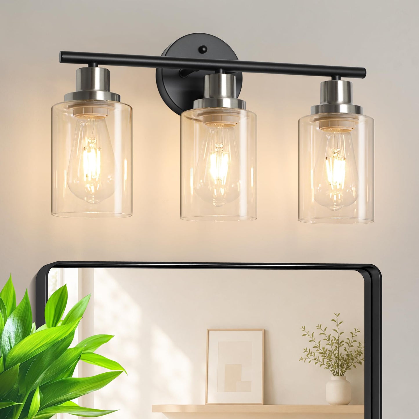 Modern Bathroom Light Fixtures, 3 Light Vanity Lights, Black Wall Lamp with Clear Glass for Bathroom, Mirror, Living Room, Bedroom, Hallway, E26 Base