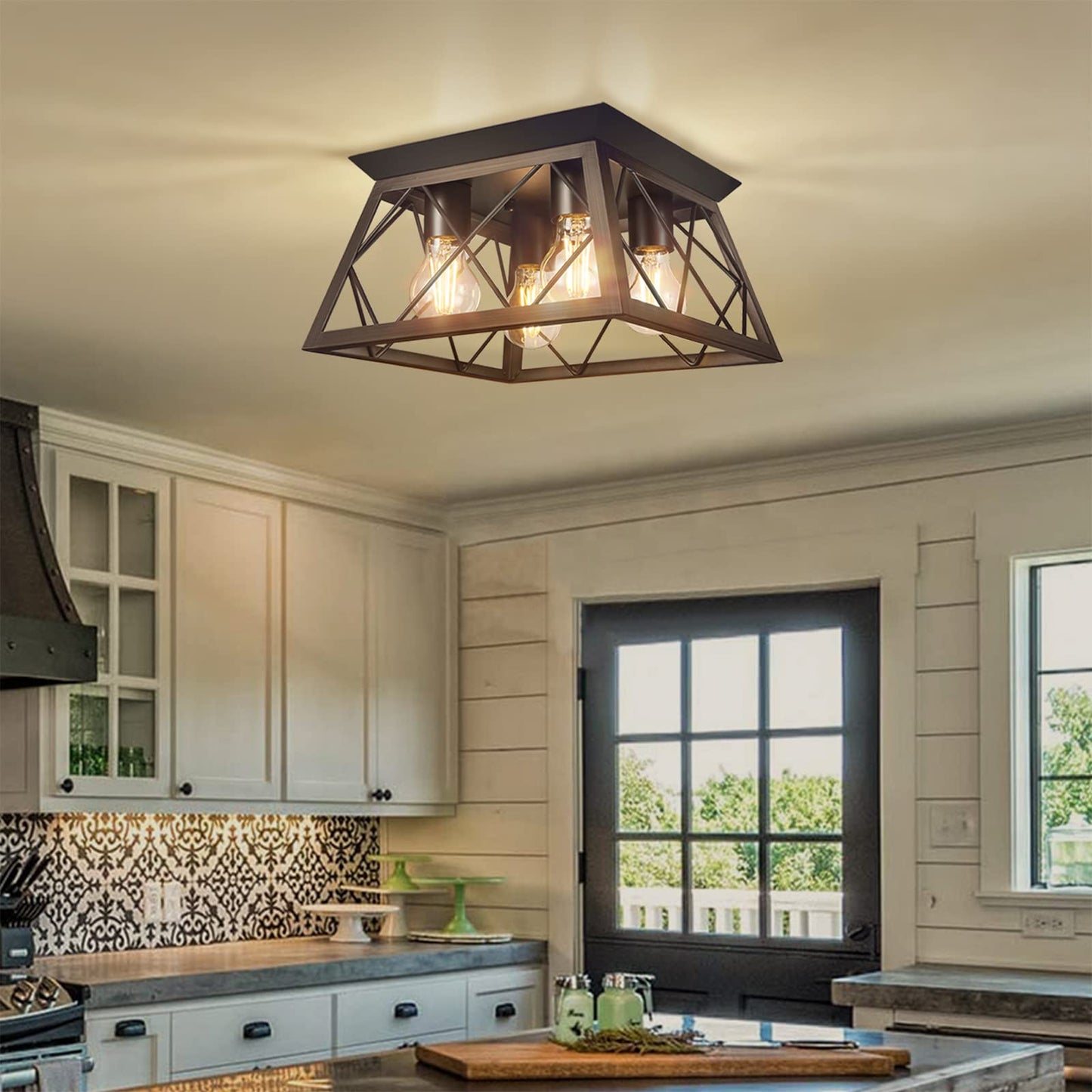 FadimiKoo 4-Light Black Flush Mount Ceiling Light for Kitchen Hallway, Industrial Close to Ceiling Lighting, Farmhouse Square Cage Lamp for Dining Room, Living Room, Bulb Not Included