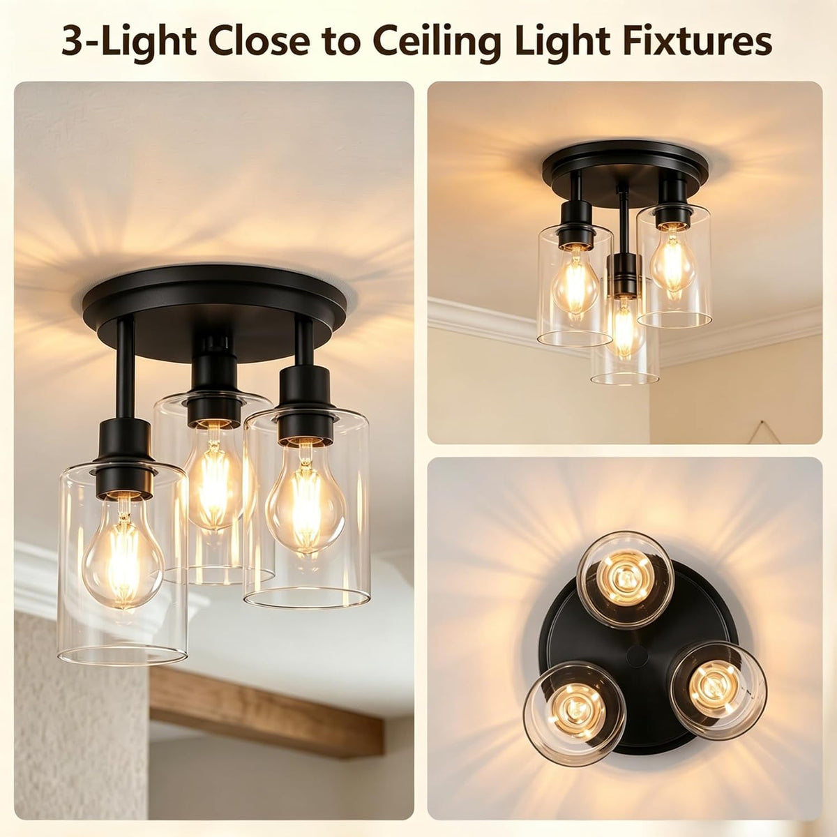 ROTTOGOON Semi Flush Mount Ceiling Light, Close to Ceiling Lights Fixtures, 3 Light Kitchen Ceiling Lights Fixtures with Glass Shades, Hallway Light Fixtures Ceiling Mount for Foyer, 9.9" x 13", Black