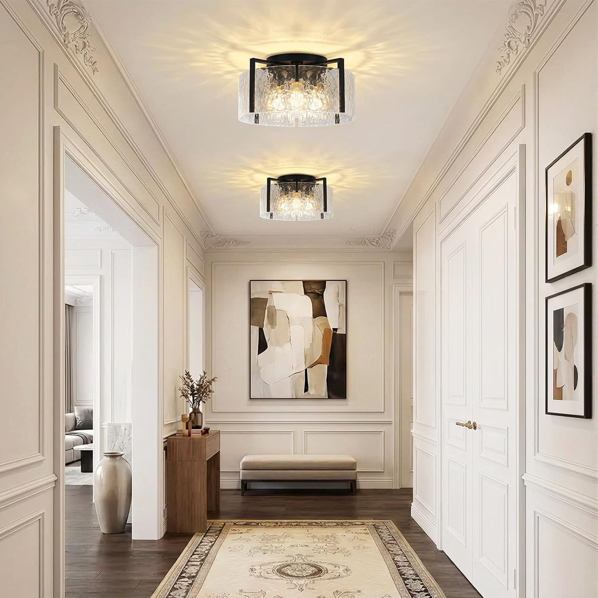 16" Semi-Flush Mount Ceiling Light, 4-Light Hammered Glass Drum Fixture | OYKYOHEI Indoor Lighting for Bedroom Hallway Entryway Kitchen Foyer Living Room Laundry Decor, Black Modern Dimmable E26