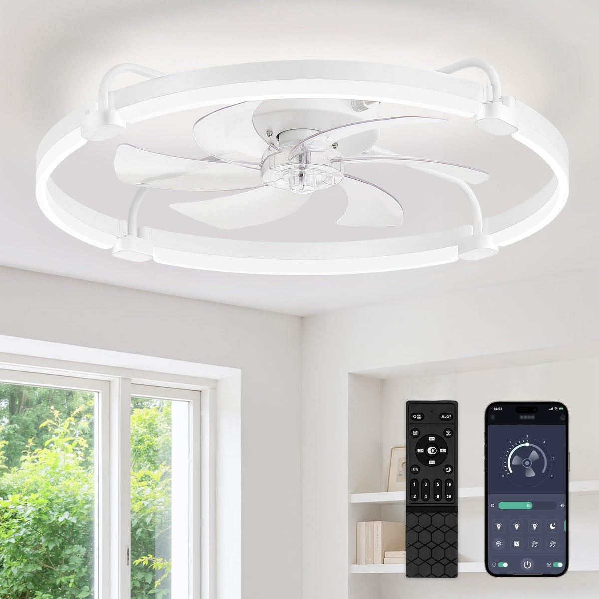 LEDIARY 20" Ceiling Fans with Lights and Remote, Low Profile Led Fan Light | Flush Mount, Stepless Dimmable Fandelier, 6 Speeds, 3 CCT, Quiet Reversible DC Motor, 2H Timer, Bedroom, Living Room, Black