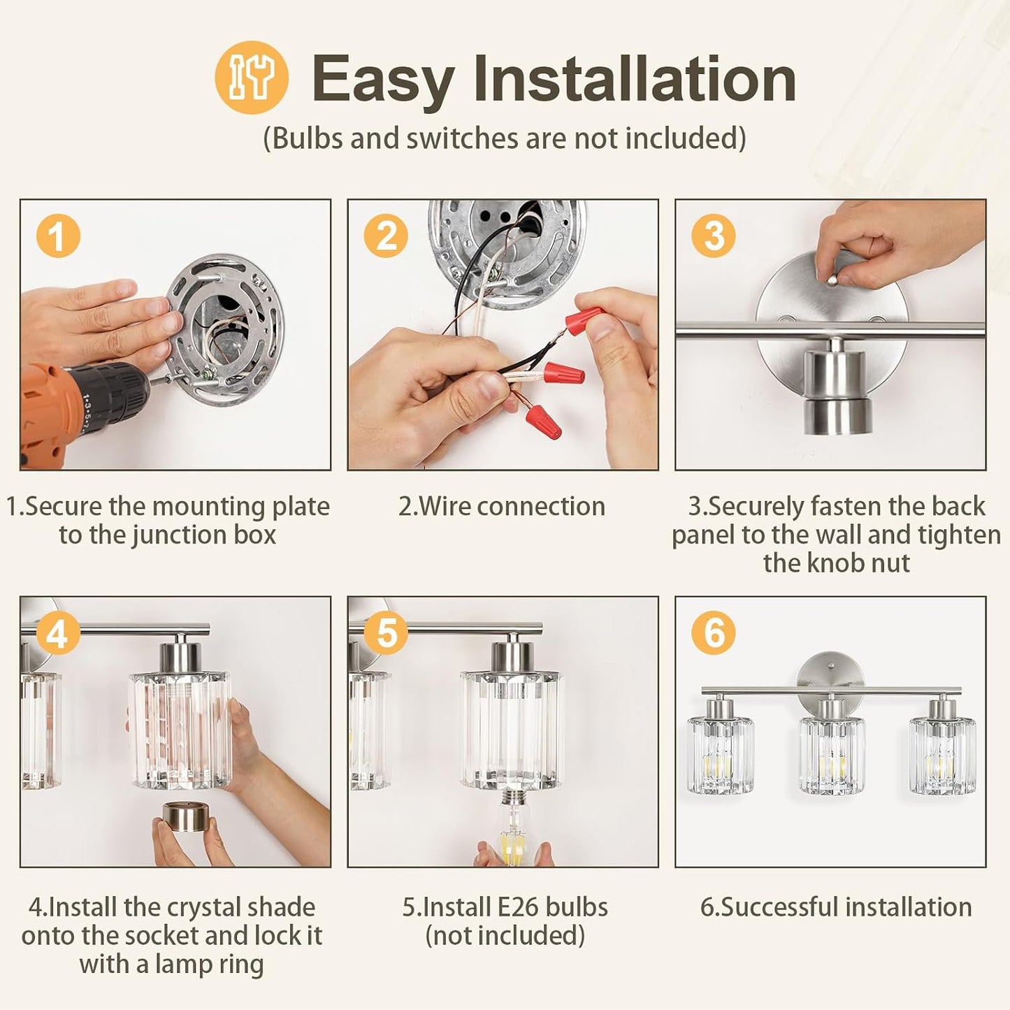 Modern Brushed Nickel Crystal Bathroom Light Fixtures,3-Light | Bathroom Lighting Fixtures over Mirror,Vanity Lights for Mirror, Restroom(Ceramic E26 Socket,Bulbs Not Include)
